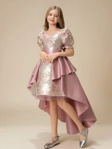 Tween Girl Wedding Flower Girl Fancy Jacquard 2 Pieces Set, Asymmetric Ruffle Hem Long Dress, Suitable For Formal Occasions, Parties, Birthdays - Pink - View 4