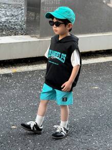 SHEIN 3pcs Young Boy Casual Korean Style Letter Graphic Print Hoodie Vest, Patch Decor Shorts, Solid Crew Neck Short Sleeve T-Shirt Knit 3-Piece Set, Suitable For School, Garden, Beach, Birthday, Spring, Summer, Autumn, Winter