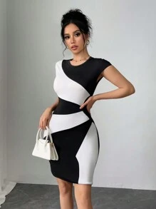 Chiquease Crew Neck Short Sleeve Color Block Black And White Dress For Women - Black and White - View 4