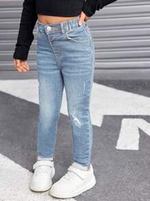 SHEIN SLAYR KIDS Young Girls' Vintage Blue Ripped Jeans, Cool Thanksgiving, Fall And Winter - Medium Wash - View 4
