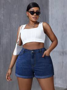 SHEIN SXY Plus Size Casual Denim Shorts, Minimalist Style For Daily Wear