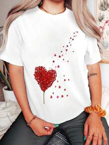 Calvaya 情人节可爱心形和碎花小花朵女士加大码圆领短袖 T 恤，适合夏季 - 白色 - 查看 3