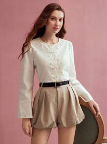 MOTF PREMIUM FOLD PLEATED PUFFBALL SHORTS,SPRING/SUMMER - Khaki - View 2