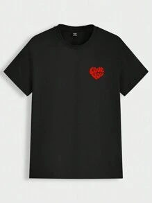 Manfinity Homme Valentine's Day Romantic Red Heart Print Men's Fashion Casual Black Raglan T-Shirt - Black - View 2