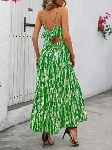 Chiquease Spaghetti Strap Full Printed Dress With Ruffle Hem Maxi Vacation Beach Outfits Women - Green - View 2