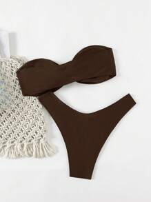 SHEIN Swim Damen Springbreak einfarbiger, sexy modischer verdrehter Bandeau 2-teiliger Bikini-Badeanzug-Set, Sommer Festival Boho - Kaffeebraun - Übersicht 5