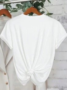 SHEIN LUNE Plus Size Summer Casual Minimalist Sketch Print Short Sleeve T-Shirt - White - View 2