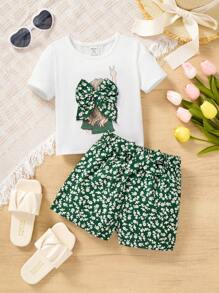 SHEIN Leap Crew Baby Girl St. Patrick's Day Green Summer Ditsy Floral Skirt & Short Sleeve T-Shirt 2 Pieces Set - Multicolor - View 1