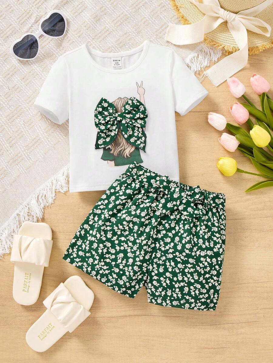 SHEIN Leap Crew Baby Girl St. Patrick's Day Green Summer Ditsy Floral Skirt & Short Sleeve T-Shirt 2 Pieces Set - Multicolor - View 1