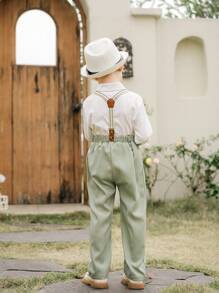 Souflis Souflis Vintage French Young Boys' Gentleman Outfit Set: Bow Tie White Shirt + Light Green Bib Pants, Spring/Summer - Green - View 2