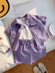 3pcs/Set Young Boy Solid Color Collar Short Sleeve Shirt, Letter Print Knit Soft Round Neck Tank Top And Elastic Waist Shorts - Purple - View 1