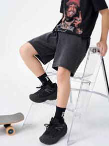SHEIN Teenager Drawstring Waist Solid Color Fashionable Casual Shorts, School - Black - View 6