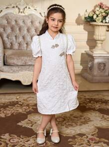 SHEIN Young Girl's Stand Collar, Puff Sleeve, Elegant Jacquard Hanfu