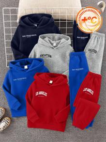 8pcs Tween Boy Casual Korean Style Letter & Graphic Print Hoodie Sweatshirt And Solid Color Sweatpants 2 Pieces Set, 4 Designs, Suitable For School, Garden, Beach, Birthday, Spring, Summer, Autumn, Winter