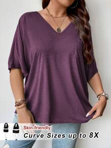 SHEIN CURVE+ 女士加大码简约纯色蝙蝠袖 T 恤，休闲时尚，适合日常穿着 - 紫色 - 查看 1