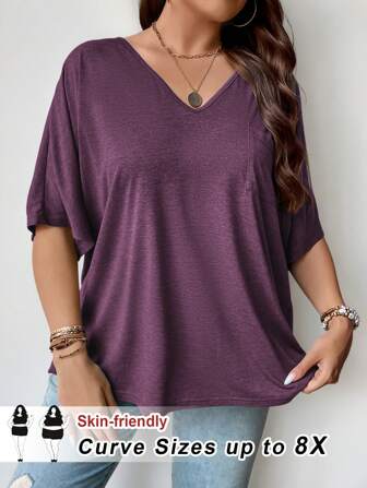SHEIN CURVE+ Damen Große Größen Einfarbiges T-Shirt mit Fledermausärmeln, Lässig und modisch für den Alltag