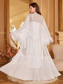2pcs Set: Layered Lace & Polka Dot Mesh Robe + Faux Silk Camisole Nightgown - White - View 2