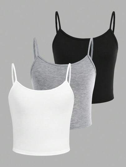 Set de 3 piezas de tops de tirantes finos tipo camisola y ajustados de unicolor para niñas preadolescentes