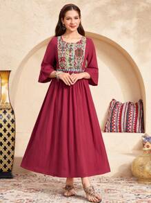 SHEIN Casual Vacation Ribbon Beaded Bell Sleeve Loose A-Line Washed Cotton Teen Girl Dress