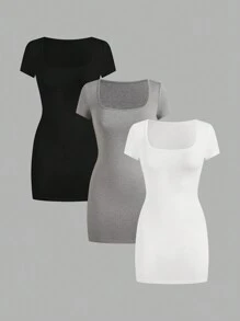 SHEIN EZwear Đầm ngắn tay đơn giản màu trơn dành cho nữ - Nhiều màu - Xem 1