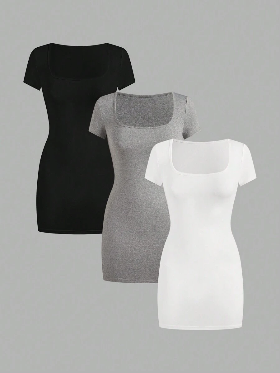 SHEIN EZwear Đầm ngắn tay đơn giản màu trơn dành cho nữ - Nhiều màu - Xem 1