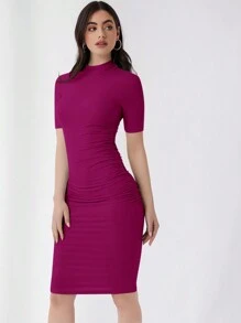 SHEIN Essnce Women's Elegant Solid Color Ruched Fitted Knit Dress - Red Violet - View 3