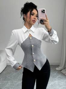 SHEIN PETITE New Patchwork 2 In 1 Hollow-Out Tailored Long Sleeve Top Shirt - Black and White - View 5
