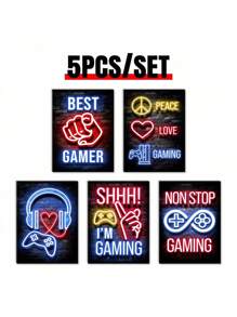 5 件霓虹灯墙艺术、游戏文化帆布印刷壁画、游戏热爱海报、和平符号艺术品、复古游戏氛围房间美学、游戏配件墙面装饰、艺术印刷品、家居装饰、海报、理想礼物，适用于客厅、卧室、浴室、咖啡厅