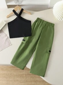 SHEIN 2 قطعة/مجموعة للفتاة الشابة, ملابس علوية ملابس علوية أسود بدون أكمام وبنطال كارجو أخضر بتصميم فريد, طقم رياضي كاجوال مريح وبسيط - متعدد الألوان - مشاهدة 2