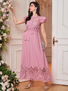 SHEIN 孕妇装 撞色蕾丝盖袖打结腰优雅连衣裙 - 粉色 - 查看 5