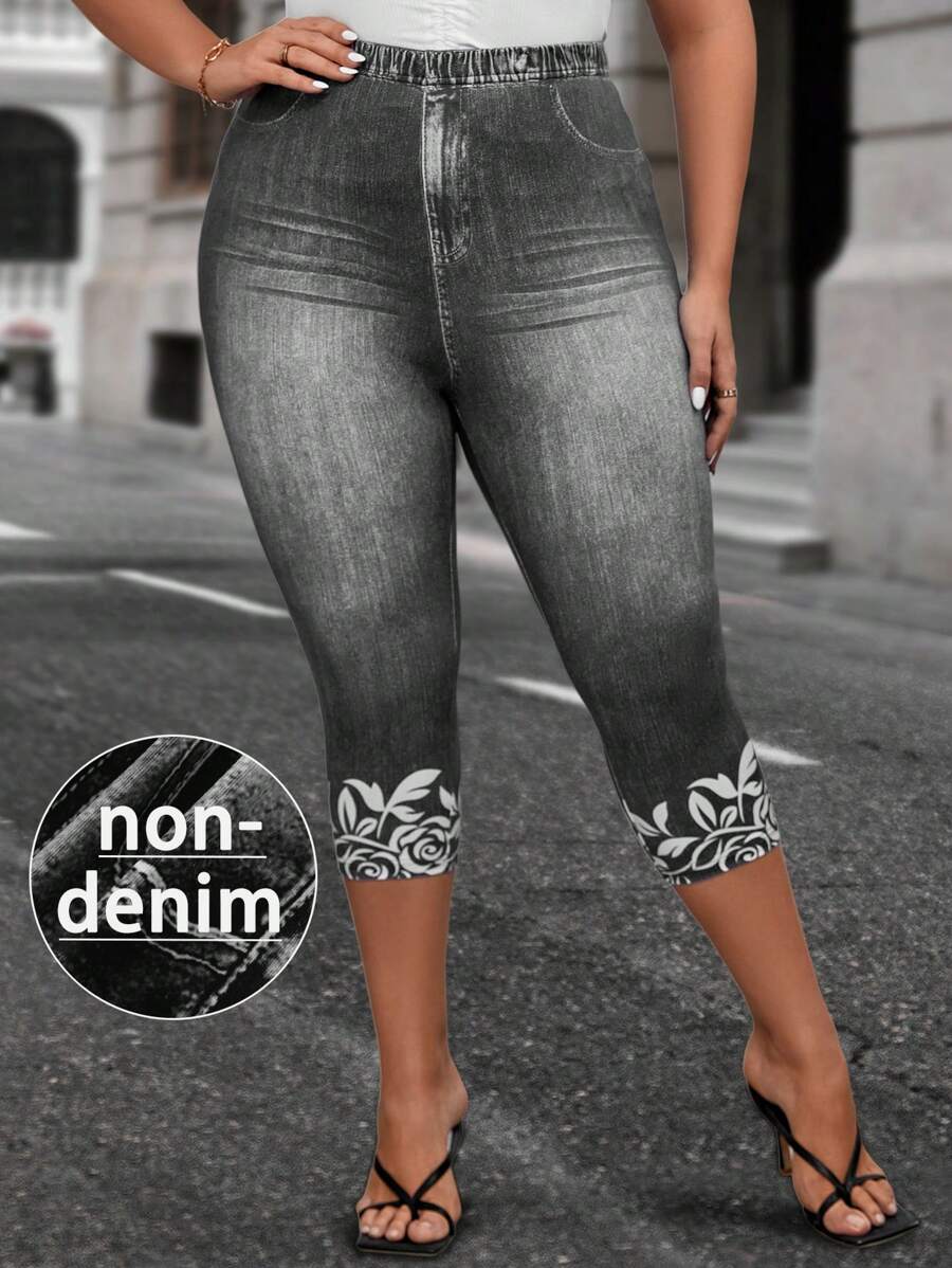 EMERY ROSE Plus Denim-Effect & Floral Print Summer Outfits Leggings - Dark Grey - View 1