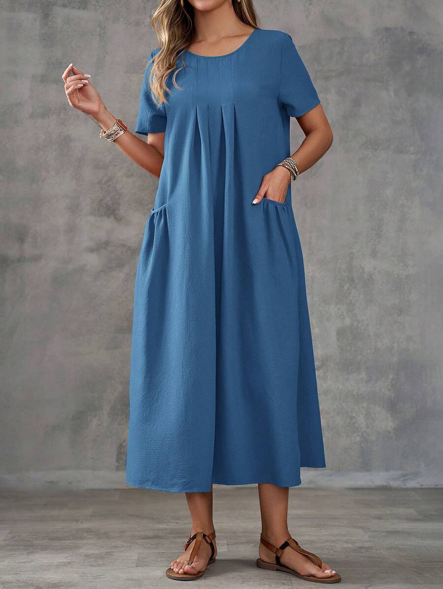 EMERY ROSE Vestido largo y sencillo de mujer con cuello redondo, manga corta y bolsillo en un solo color - Azul - Ver 1