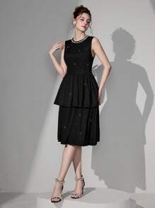 SHEIN Belle Vestido de fiesta elegante de mujer con dobladillo con volantes, sin mangas, de nueva llegada, para invitada de boda a cóctel o baile