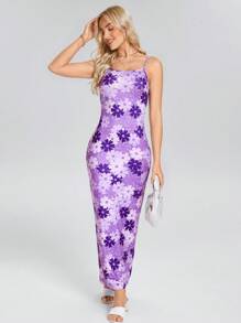 Wildy Elegante paarse bloemenprint mouwloze jurk voor dames, zomer