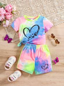 SHEIN 女婴夏季可爱扎染短袖T恤和短裤两件套 - 彩色 - 查看 9