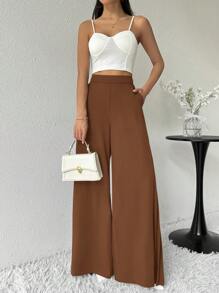 Modelyn Women's Solid Color Loose Wide-Leg Simple Casual Trousers - Coffee Brown - View 5