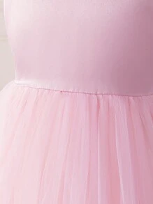 SHEIN Tween Girls' Solid Jacquard Sleeveless Mesh Splice Ruffle Hem Princess Dress, Suitable For Graduation, Birthday Party - Pink - View 6