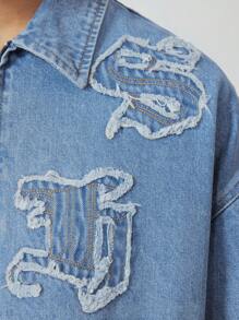 ROMWE MEN Street Life Men's Casual Denim Jacket With Letter Applique, For Autumn - Blue - View 2