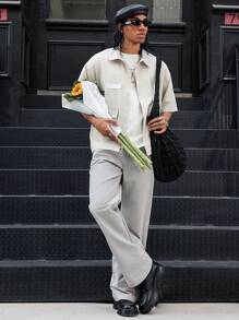 PAVTROS Manfinity Streetrush Men's Button Front Short Sleeve Pocket Simple Shirt, Boyfriend Gift - Khaki - View 5