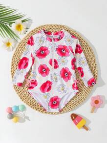 Baby Girl Floral Print Keyhole Long Sleeve Rash Guard One-Piece Swimsuit With Headband - Multicolor - View 3