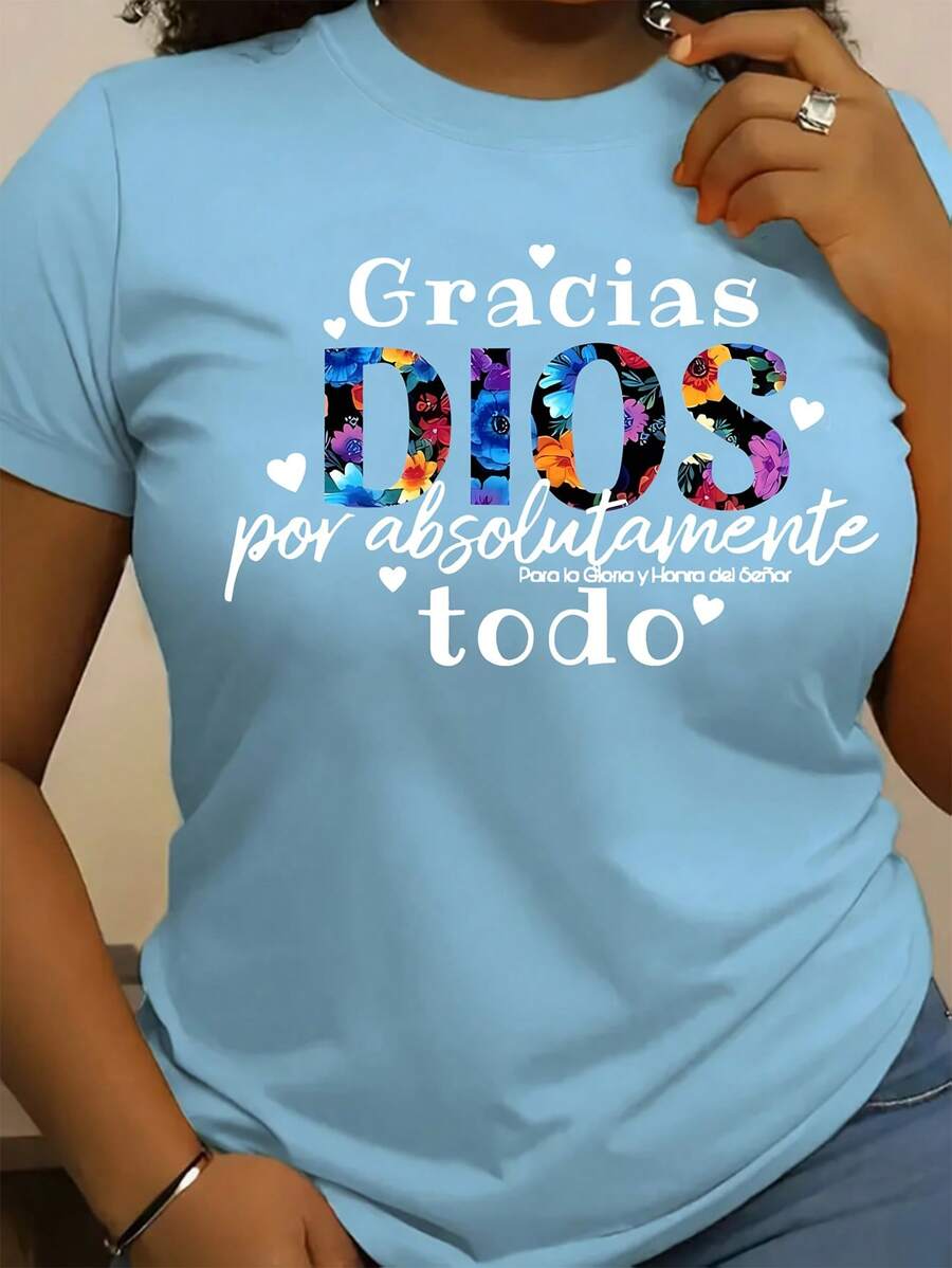 INAWLY Women's Floral Slogan Print Casual Top, Daily Wear - Baby Blue - View 1