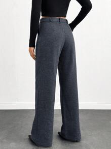 EURMUSE Women Wool Effect Check Pattern Wide Leg Pants - Black - View 2