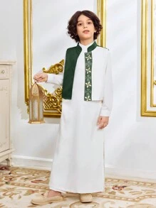 2pcs Set: Tween Boys Floral Print Long Sleeve Robe Shirt With Stand Collar Vest Top