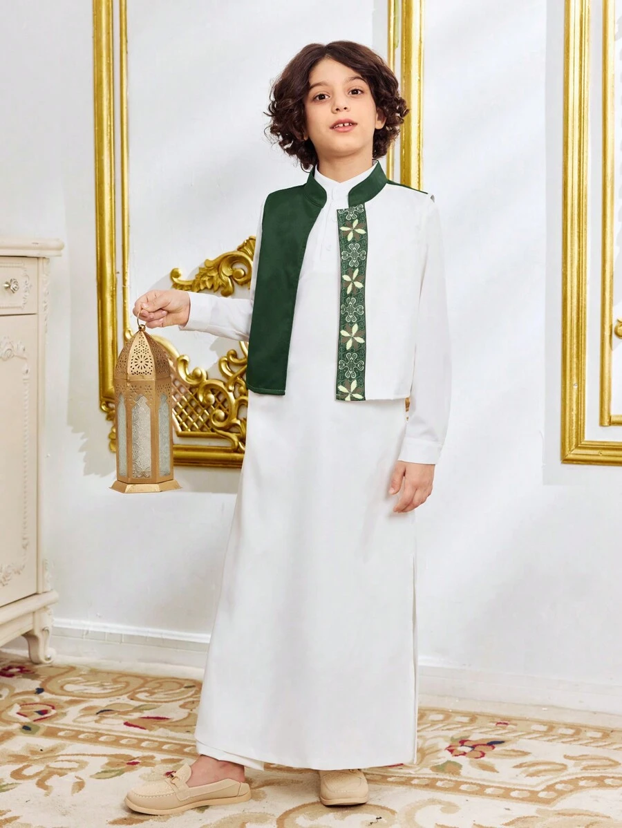 2pcs Set: Tween Boys Floral Print Long Sleeve Robe Shirt With Stand Collar Vest Top