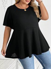 SHEIN CURVE+ Plus Size Women A-Line Short Sleeve Black T-Shirt Top, Versatile Casual Holiday
