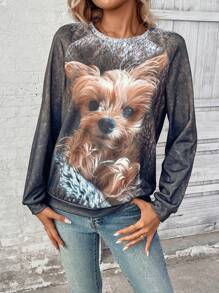 EMERY ROSE Women's Casual Cute Dog Applique Pullover Fall Sweatshirt - Brown - View 1