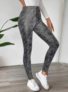 SHEIN LUNE Quần legging phủ vải co giãn đơn giản cho nữ, mặc thường ngày - Xám - Xem 3