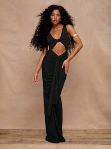 MUSERA Slinky Cut Out Ruched Drape Maxi Holiday Party Dress Vacation Summer Ibiza Beach Wedding Guest Fall Night Out Autumn Winter Date Night Christmas, , Fall, Winter Party