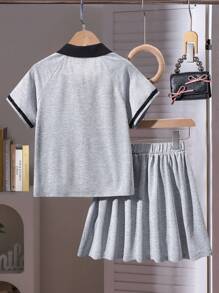 2pcs/Set Girls Bow Decor Gray Short Sleeve T-Shirt With Skirt Cute Outfit - Light Grey - View 2