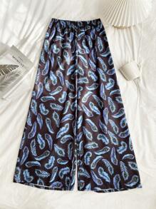 Pantalón ancho de pijama con estampado de plumas de pavo real para mujer